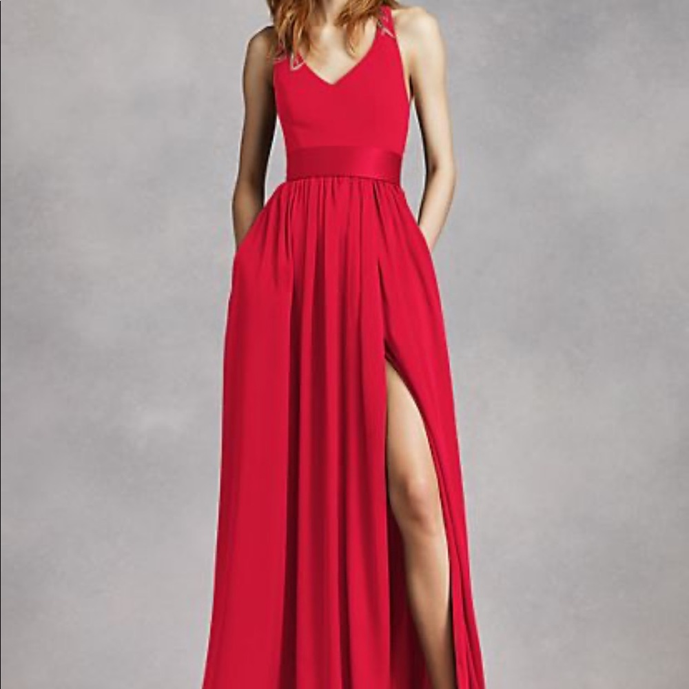 V Neck Halter Gown with Sash-White by Vera Wang